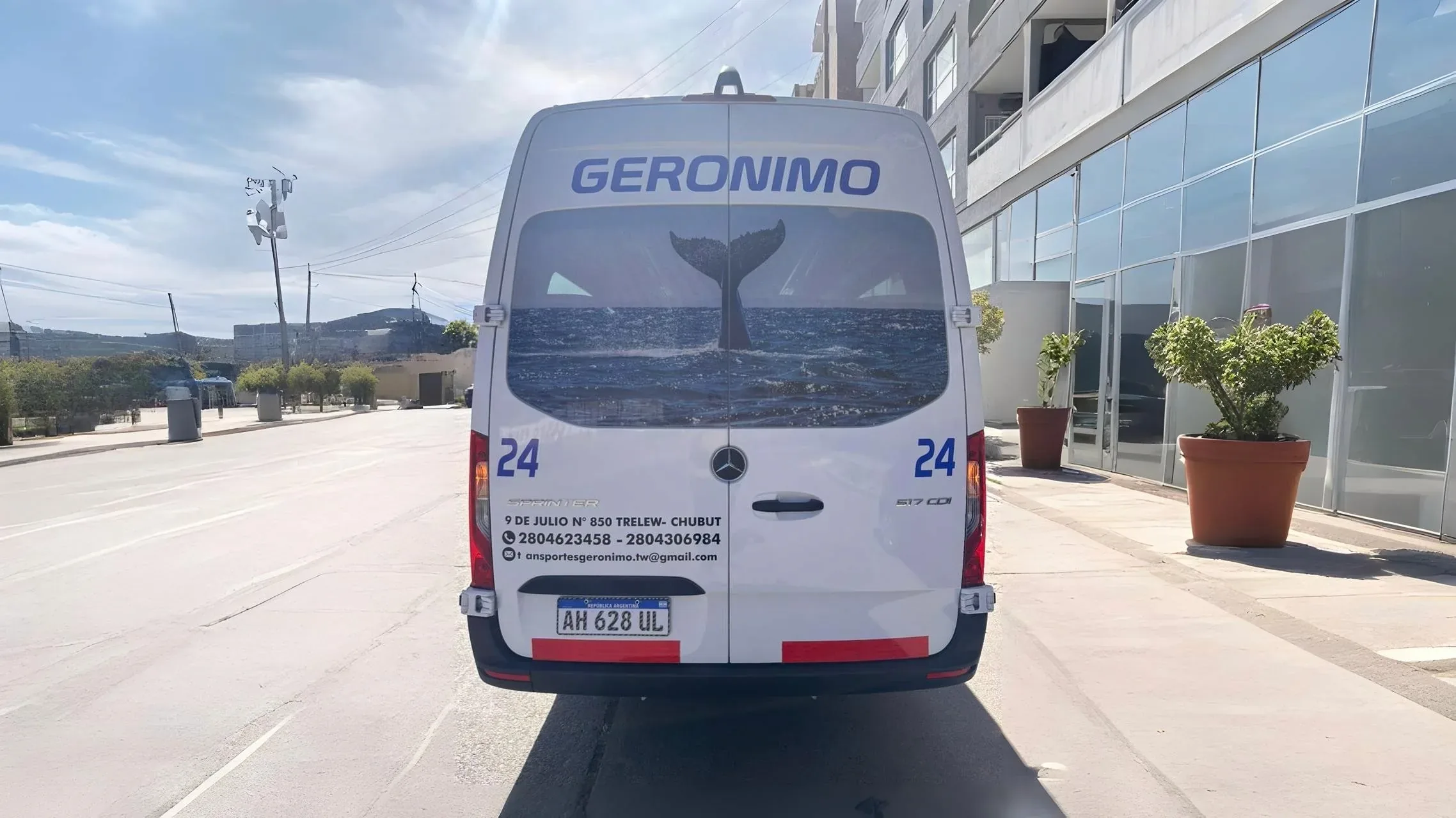 The image shows the rear view of a white van with a large whale tail decal on the back window, parked on a sunny street beside a modern building with glass windows.