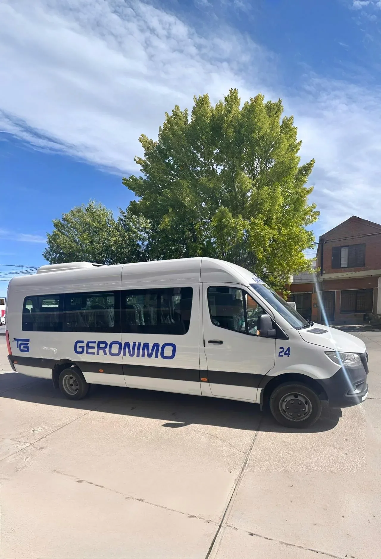 A white passenger minibus with "GERONIMO" written on the side is parked on a sunny street next to a large leafy tree, with a clear blue sky and a building in the background.